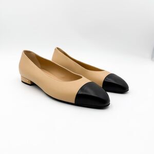 Chanel CC Cap Toe Ballet Flats Beige Black Slip On EU 39